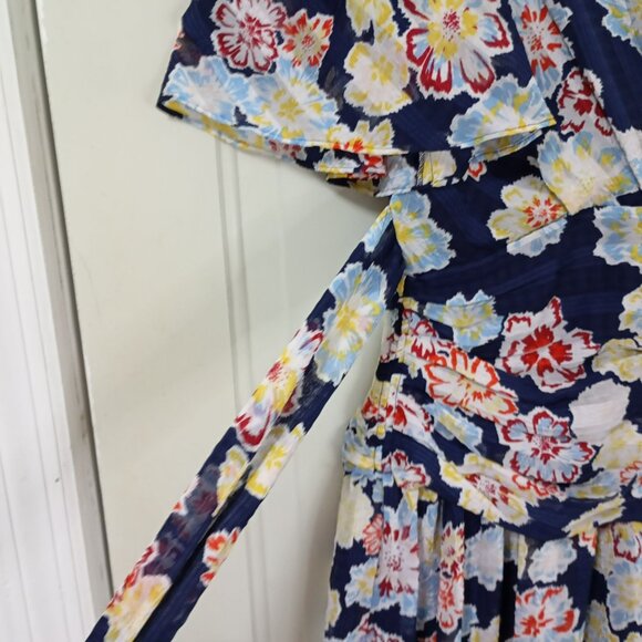 Tanya Taylor Floral Wrap Dress Navy Blue Multicolor Short Sleeve Size 10 Womens - Picture 6 of 11